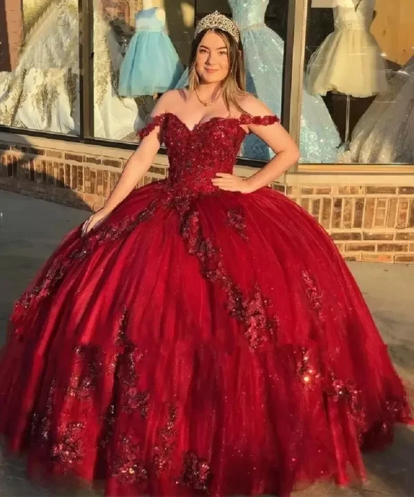 Luxury Shiny Burgundy Quince Dresses Off-Shoulder 3D Flower Applique Formal Princess Gown - Image 2