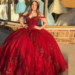 Luxury Shiny Burgundy Quince Dresses Off-Shoulder 3D Flower Applique Formal Princess Gown