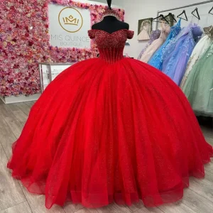 Red Glittering Quince Dress Ball Gown Off Shoulder Beading Birthday Party
