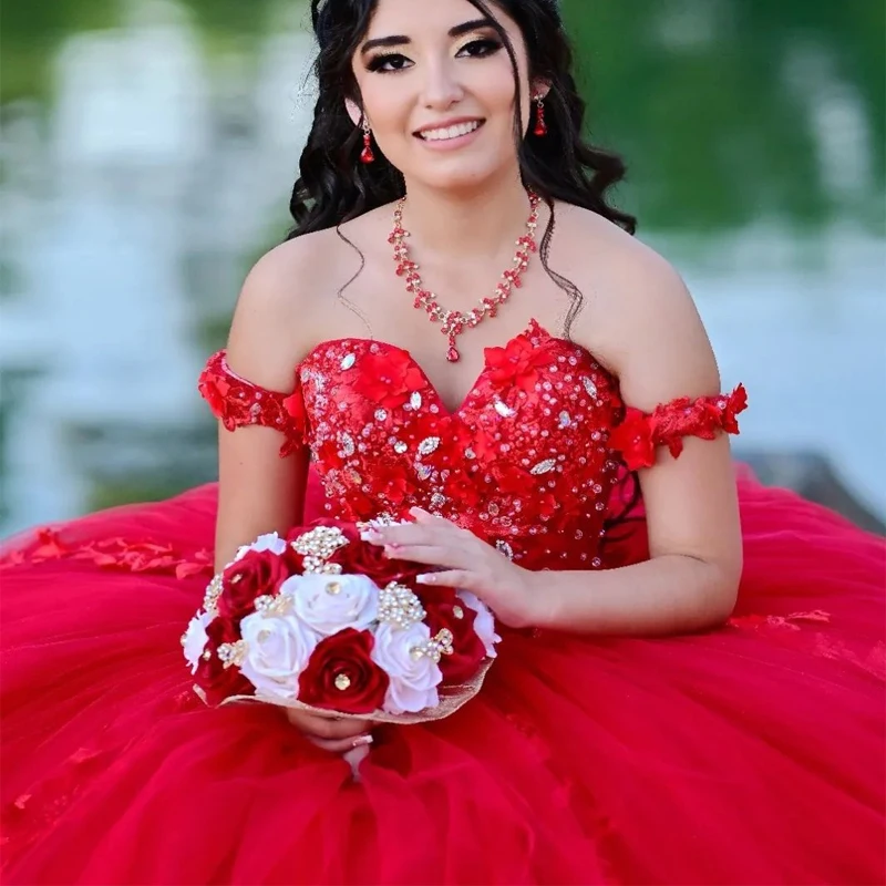 ANGELSBRIDEP Red Quinceanrea Dresses With Beading Crystal Applique Off Shoulder Tulle Plus Size Sweet 15 16 Birthday Party Gowns