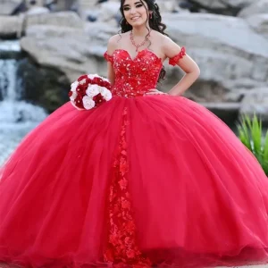 Red Quincea Dresses Beading Applique Off Shoulder
