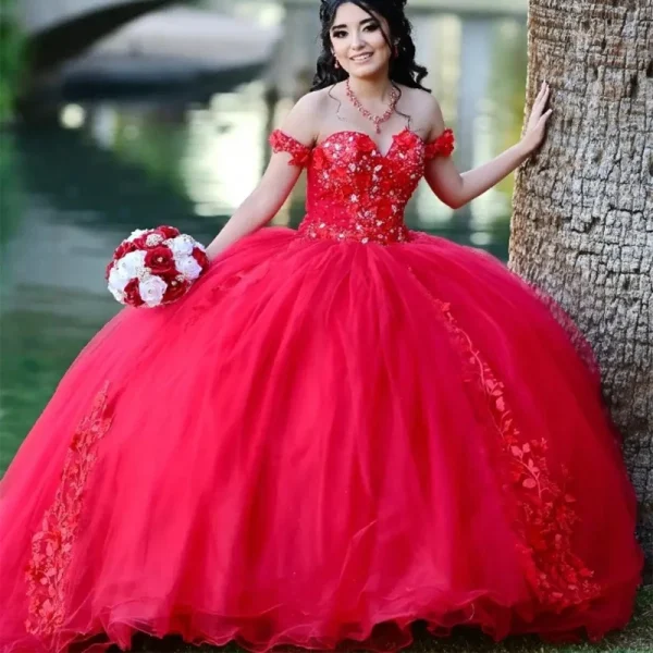 Red Quincea Dresses Beading Applique Off Shoulder - Image 2