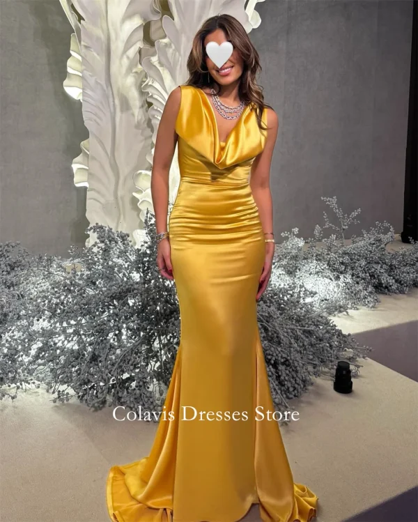 Cowl Neck Customized Silk Satin Gold Prom Dresses Evening Dress Mermaid Floor Length Women Gowns Formal Party Dress - Image 4