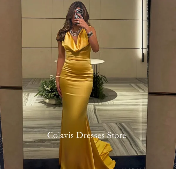 Cowl Neck Customized Silk Satin Gold Prom Dresses Evening Dress Mermaid Floor Length Women Gowns Formal Party Dress