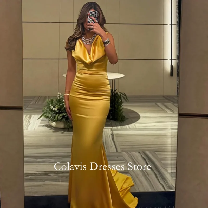 Cowl Neck Gold Mermaid Floor Length Dress