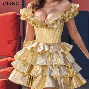 Charming A-Line Gold Prom Dresses Off Shoulder Tiered Party Gowns Organza Mini Homecoming Dresses