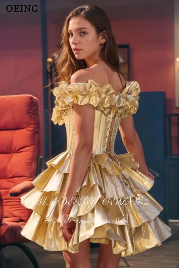 Charming A-Line Gold Prom Dresses Off Shoulder Tiered Party Gowns Organza Mini Homecoming Dresses - Image 2