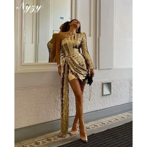One Long Sleeve Sequins Prom Dresses Black Blue Gold White Yellow Red Green Pink Purple Short Evening Gowns Cocktail Party Dress - Image 2
