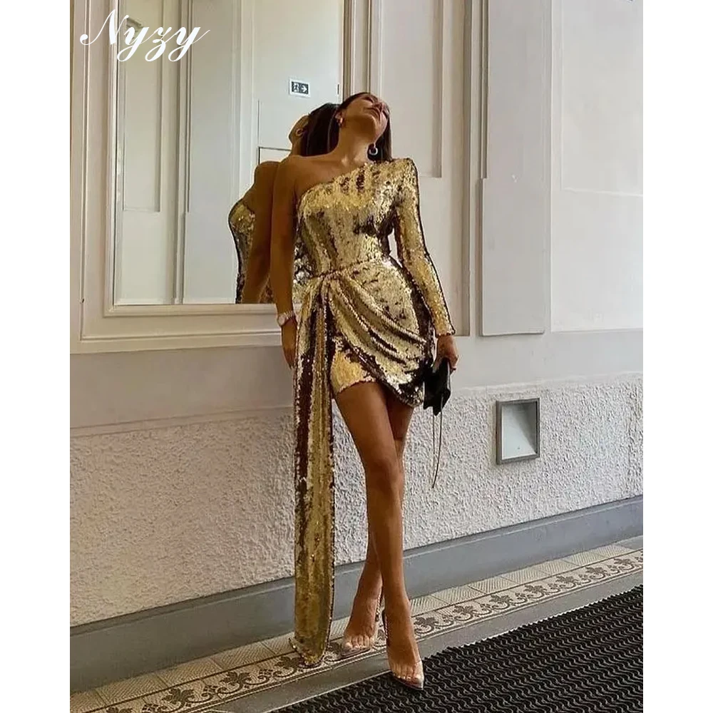 NYZY P320 Customized One Long Sleeve Sequins Prom Dresses Gold Short Evening Gowns Cocktail Party Dress 2025