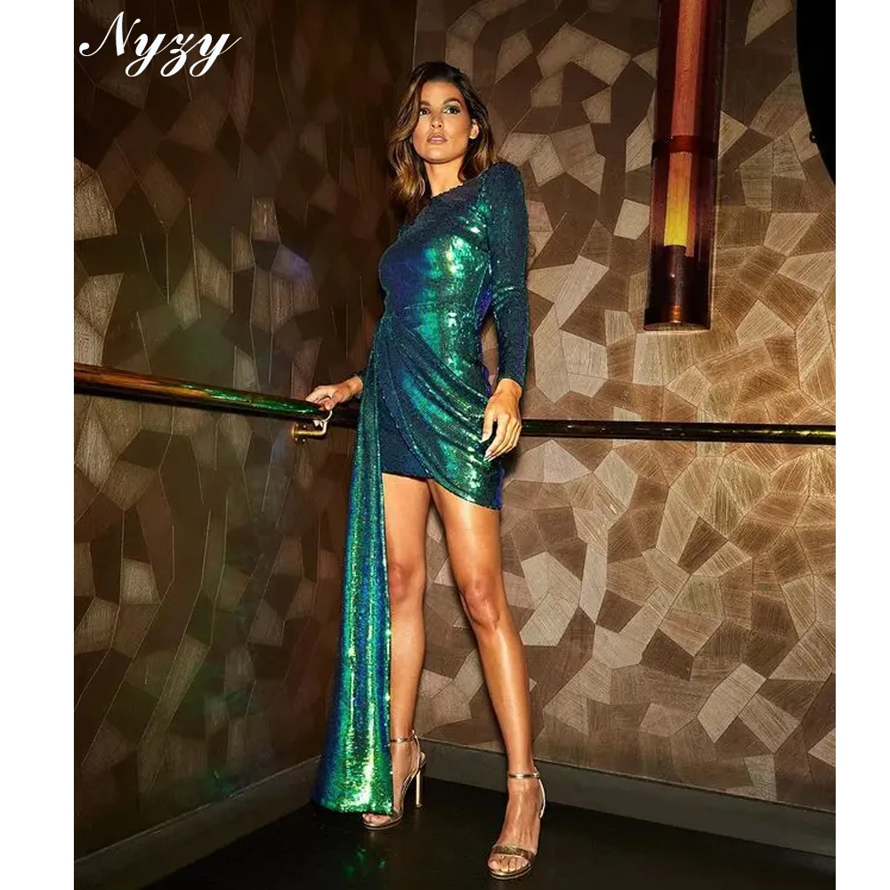 NYZY P320 Customized One Long Sleeve Sequins Prom Dresses Gold Short Evening Gowns Cocktail Party Dress 2025