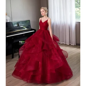 New Wine Red Spaghetti Strap Quince Dresses Sleeveless V-neck Ball Gown Party Prom