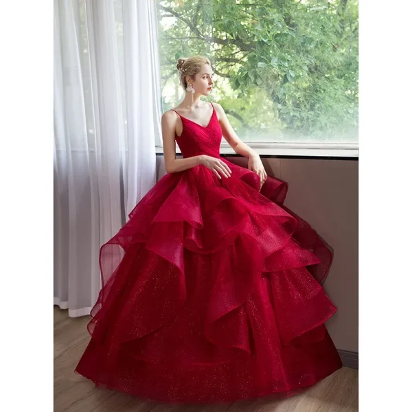New Wine Red Spaghetti Strap Quince Dresses Sleeveless V-neck Ball Gown Party Prom - Image 3