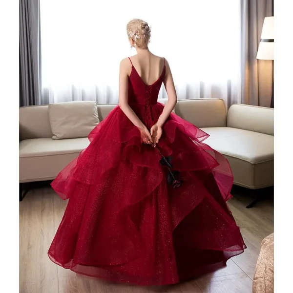 New Wine Red Spaghetti Strap Quince Dresses Sleeveless V-neck Ball Gown Party Prom - Image 6