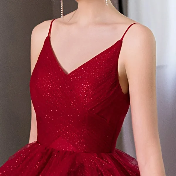 New Wine Red Spaghetti Strap Quince Dresses Sleeveless V-neck Ball Gown Party Prom - Image 4