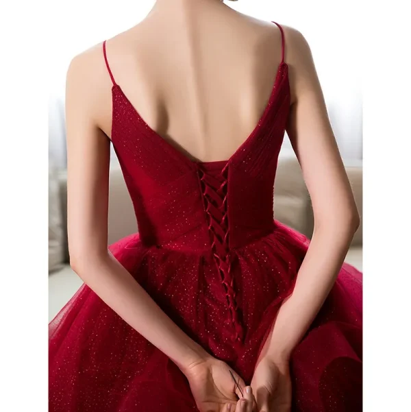 New Wine Red Spaghetti Strap Quince Dresses Sleeveless V-neck Ball Gown Party Prom - Image 5