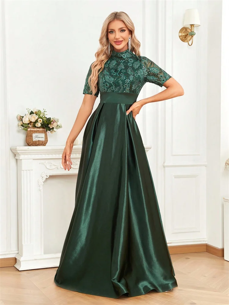 Elegant Short Sleeve Formal Evening Dress For Women 2024 O-neck Satin Prom Party Green Dress Floor Length Green Gowns