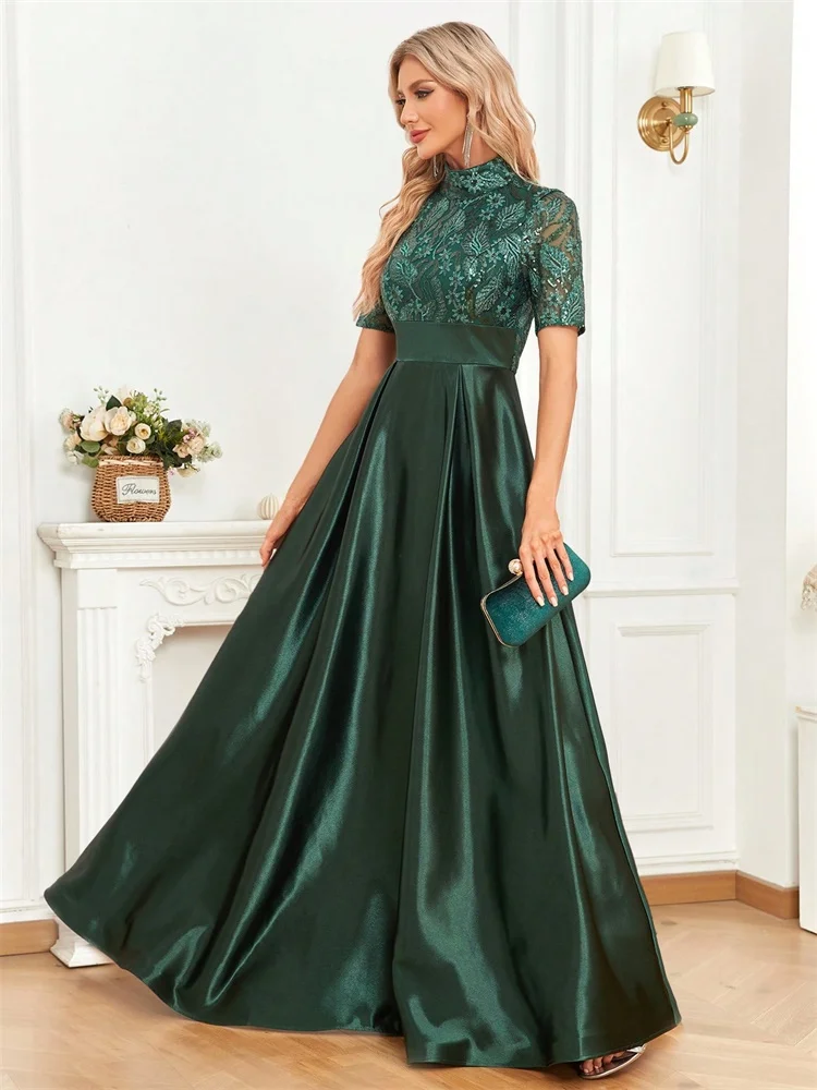 Elegant Short Sleeve Formal Evening Dress For Women 2024 O-neck Satin Prom Party Green Dress Floor Length Green Gowns