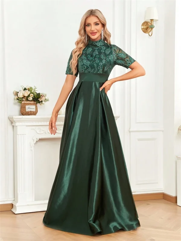 Elegant Short Sleeve Formal Evening Dress For Women O-neck Satin Prom Party Green Dress Floor Length Gowns - Image 4