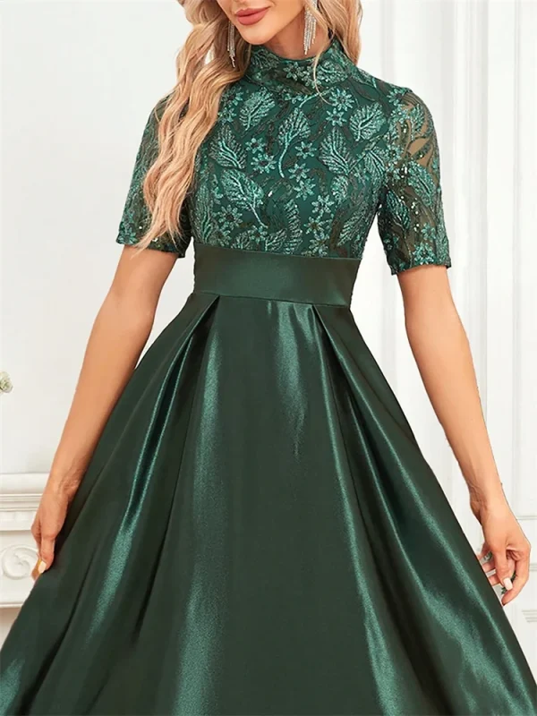 Elegant Short Sleeve Formal Evening Dress For Women O-neck Satin Prom Party Green Dress Floor Length Gowns - Image 6