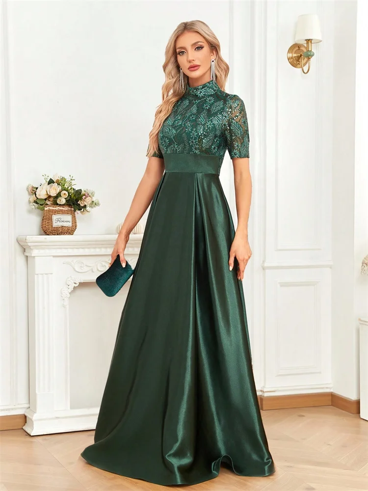 Elegant Short Sleeve Formal Evening Dress For Women 2024 O-neck Satin Prom Party Green Dress Floor Length Green Gowns