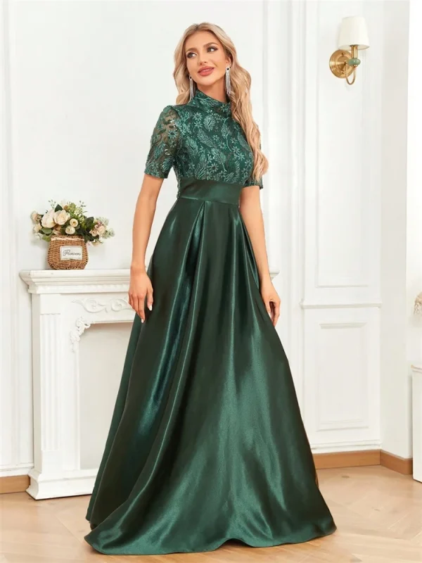 Elegant Short Sleeve Formal Evening Dress For Women O-neck Satin Prom Party Green Dress Floor Length Gowns - Image 3