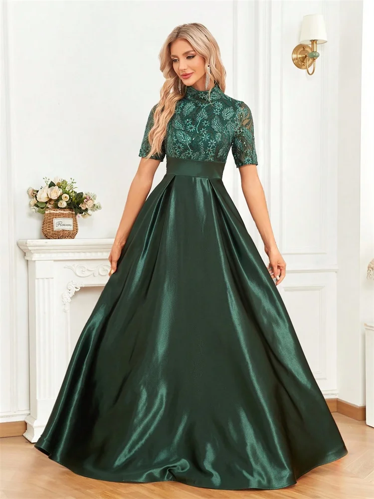 Elegant Short Sleeve Formal Evening Dress For Women 2024 O-neck Satin Prom Party Green Dress Floor Length Green Gowns