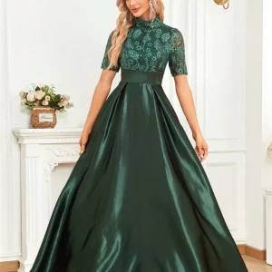 Elegant Short Sleeve Formal Evening Dress For Women O-neck Satin Prom Party Green Dress Floor Length Gowns