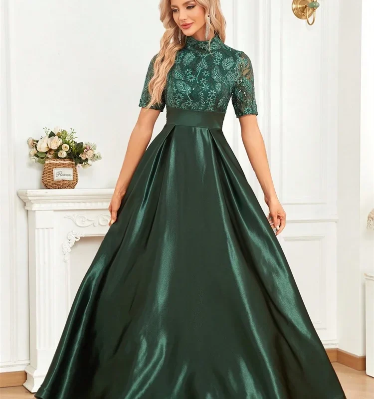 Short Sleeve Evening O-neck Green Dress