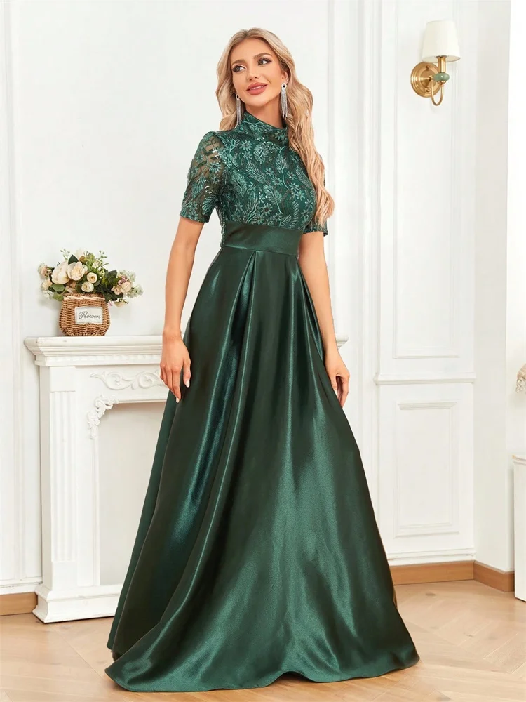 Elegant Short Sleeve Formal Evening Dress For Women 2024 O-neck Satin Prom Party Green Dress Floor Length Green Gowns