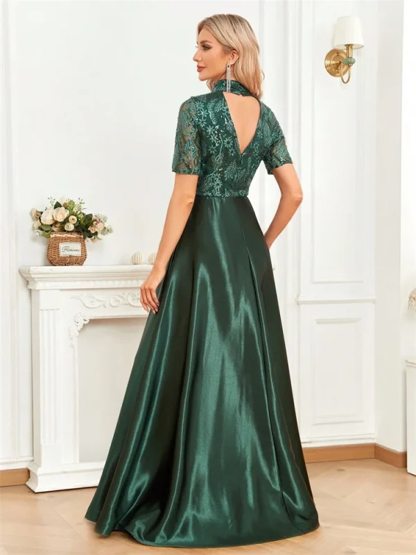 Elegant Short Sleeve Formal Evening Dress For Women O-neck Satin Prom Party Green Dress Floor Length Gowns - Image 2