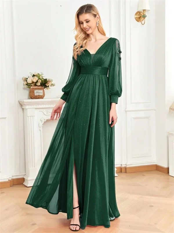 Elegant Long Sleeves Floor Length Split Party Evening Dress Women  Emerald Green Black Green Red Formal Luxury Backless Wedding Dress Cocktail Prom - Image 4