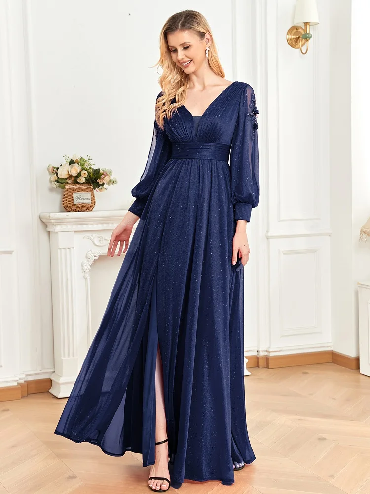 Elegant Long Sleeves Floor Length Split Party Evening Dress Women 2024 Luxury Backless Weedding Dress Cocktail Prom