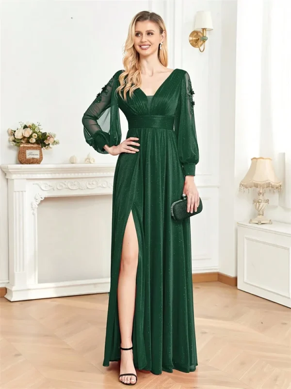 Elegant Long Sleeves Floor Length Split Party Evening Dress Women  Emerald Green Black Green Red Formal Luxury Backless Wedding Dress Cocktail Prom