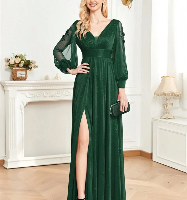 Long Sleeves Floor Length Party Black Green Red Dress