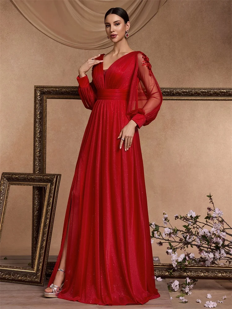 Elegant Long Sleeves Floor Length Split Party Evening Dress Women 2024 Luxury Backless Weedding Dress Cocktail Prom
