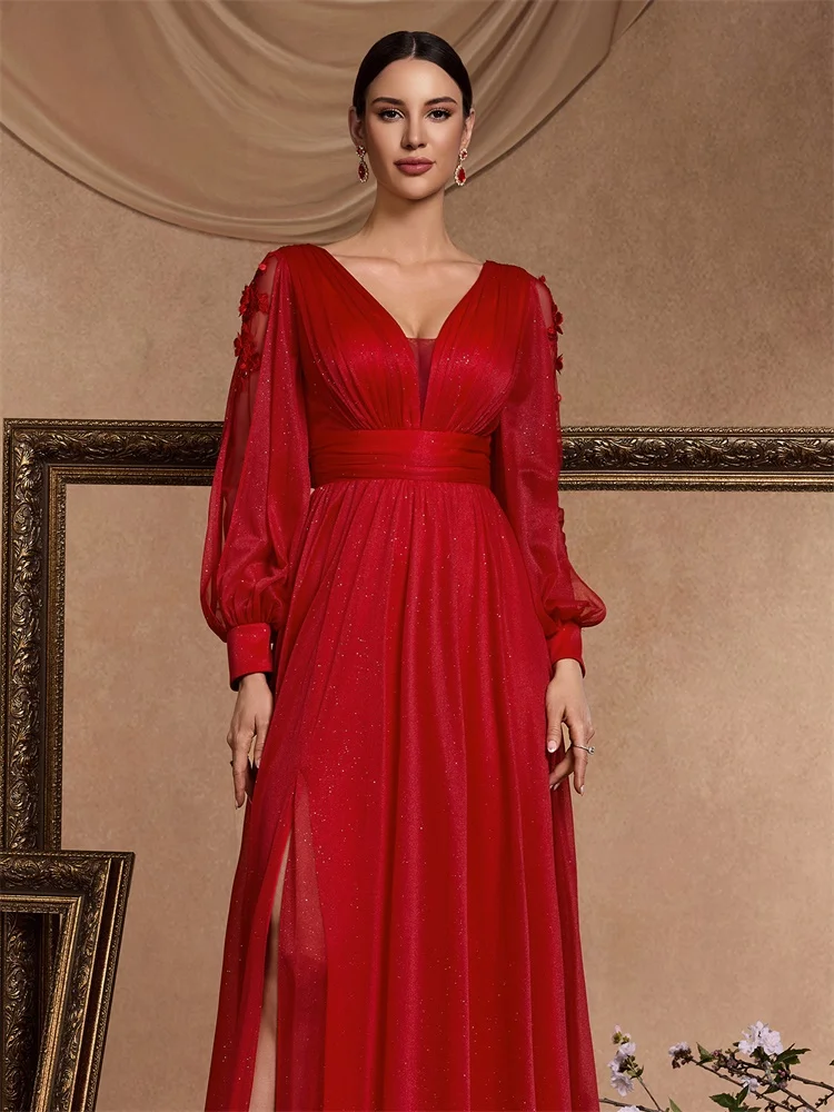Elegant Long Sleeves Floor Length Split Party Evening Dress Women 2024 Luxury Backless Weedding Dress Cocktail Prom