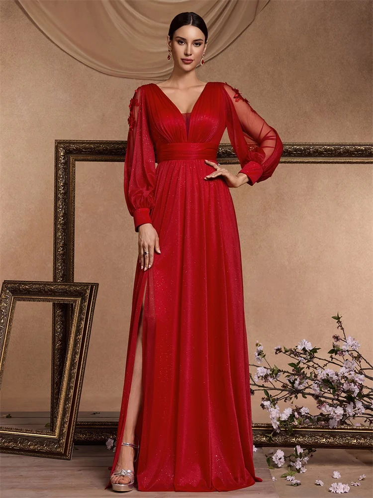 Elegant Long Sleeves Floor Length Split Party Evening Dress Women 2024 Luxury Backless Weedding Dress Cocktail Prom