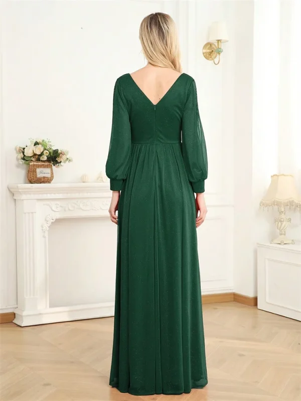 Elegant Long Sleeves Floor Length Split Party Evening Dress Women  Emerald Green Black Green Red Formal Luxury Backless Wedding Dress Cocktail Prom - Image 2
