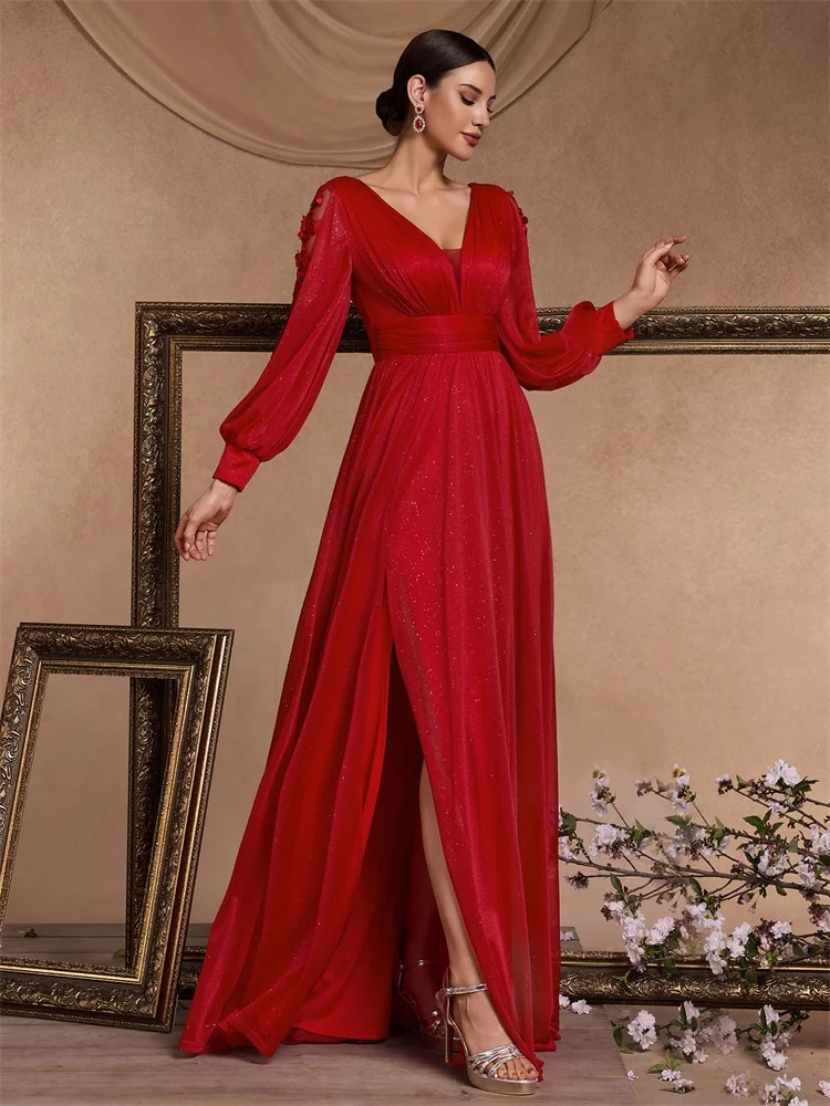 Elegant Long Sleeves Floor Length Split Party Evening Dress Women 2024 Luxury Backless Weedding Dress Cocktail Prom