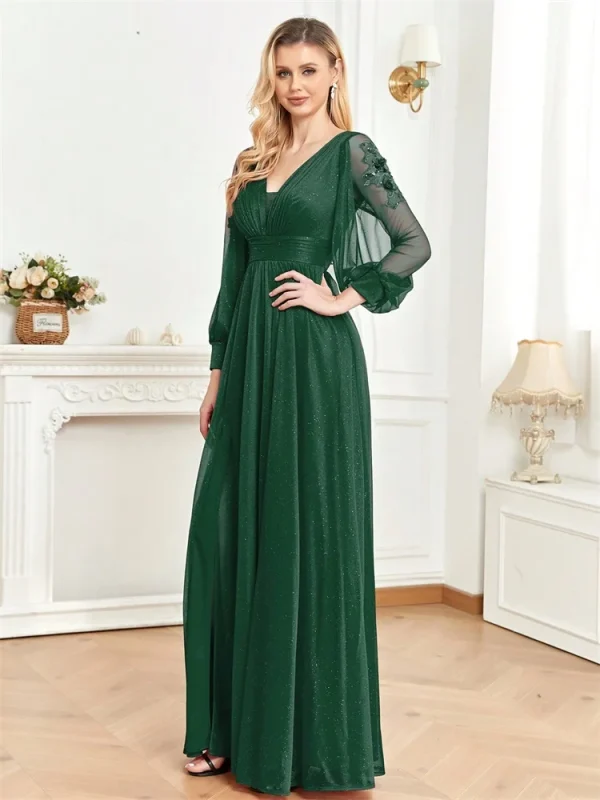 Elegant Long Sleeves Floor Length Split Party Evening Dress Women  Emerald Green Black Green Red Formal Luxury Backless Wedding Dress Cocktail Prom - Image 5