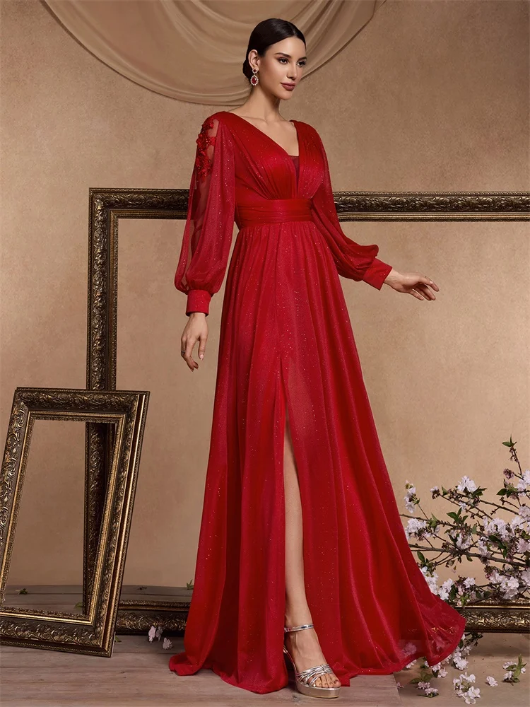 Elegant Long Sleeves Floor Length Split Party Evening Dress Women 2024 Luxury Backless Weedding Dress Cocktail Prom