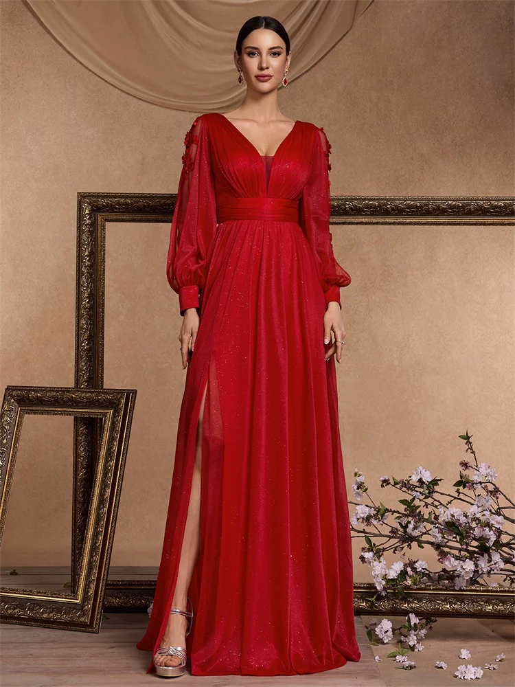 Elegant Long Sleeves Floor Length Split Party Evening Dress Women 2024 Luxury Backless Weedding Dress Cocktail Prom
