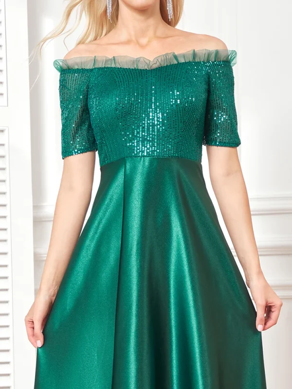 Luxury Satin Short Sleeve Evening Dark Emerald Green Dress Women Satin Wedding Party Prom Floor Length Cocktail Dress Off-shoulder Gown - Image 6