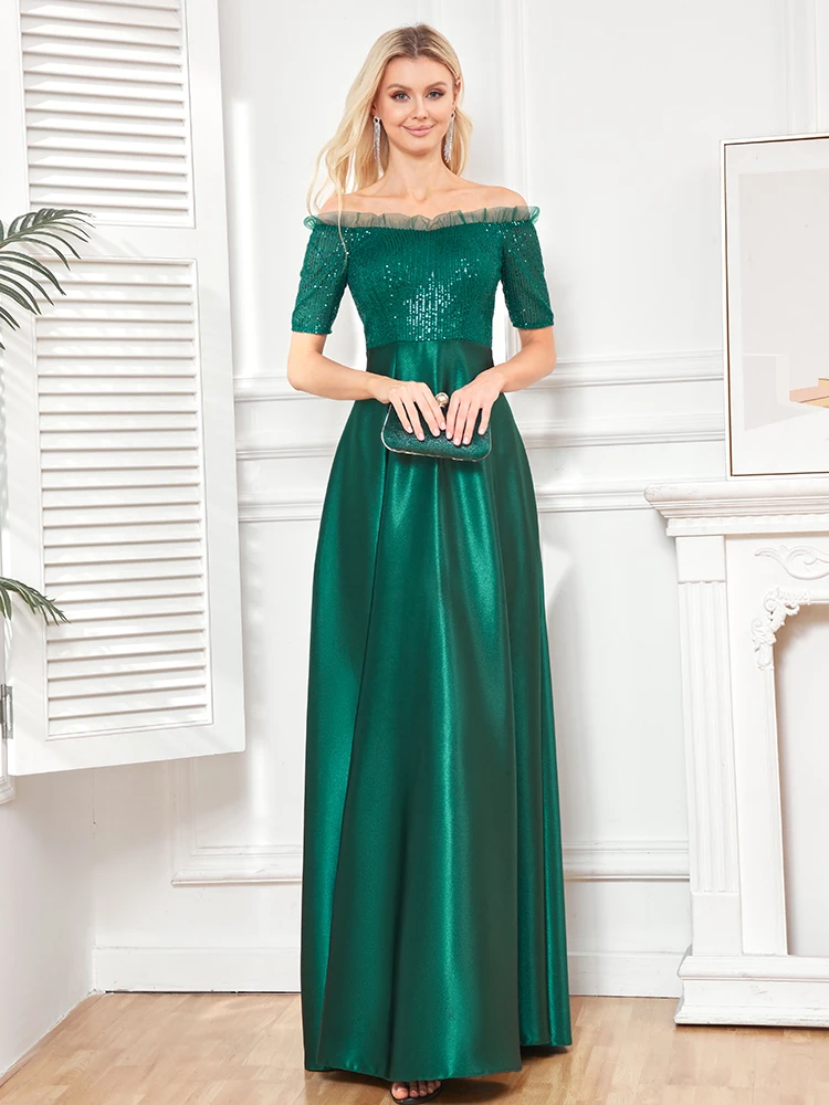 Luxury Satin Short Sleeve Evening Dress Women Satin Wedding Party Prom Floor Lenght Cocktail Dress Off-shoulder Gown