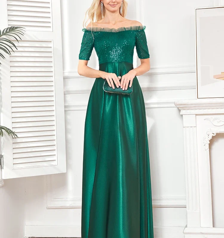 Satin Short Sleeve Dark Emerald Green Floor Length Dress