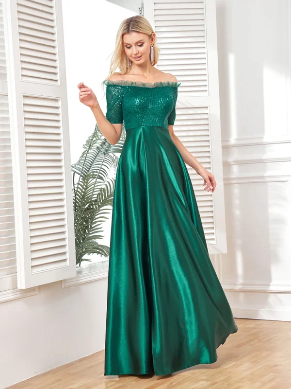 Luxury Satin Short Sleeve Evening Dark Emerald Green Dress Women Satin Wedding Party Prom Floor Length Cocktail Dress Off-shoulder Gown - Image 3