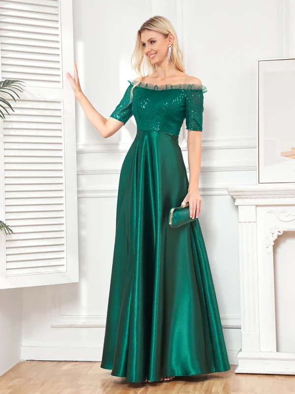 Luxury Satin Short Sleeve Evening Dark Emerald Green Dress Women Satin Wedding Party Prom Floor Length Cocktail Dress Off-shoulder Gown - Image 4