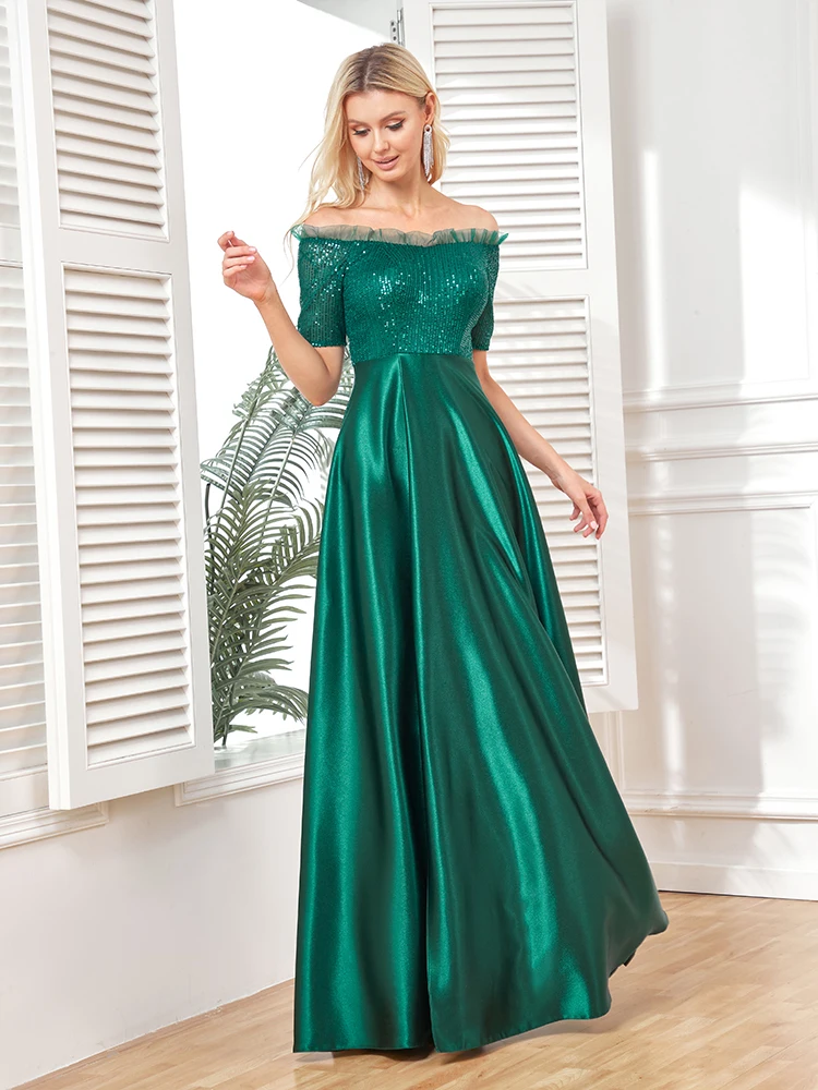 Luxury Satin Short Sleeve Evening Dress Women Satin Wedding Party Prom Floor Lenght Cocktail Dress Off-shoulder Gown