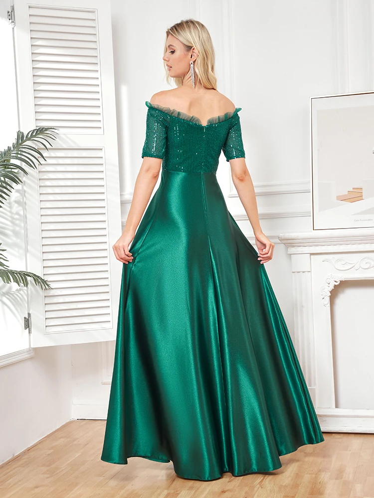 Luxury Satin Short Sleeve Evening Dress Women Satin Wedding Party Prom Floor Lenght Cocktail Dress Off-shoulder Gown