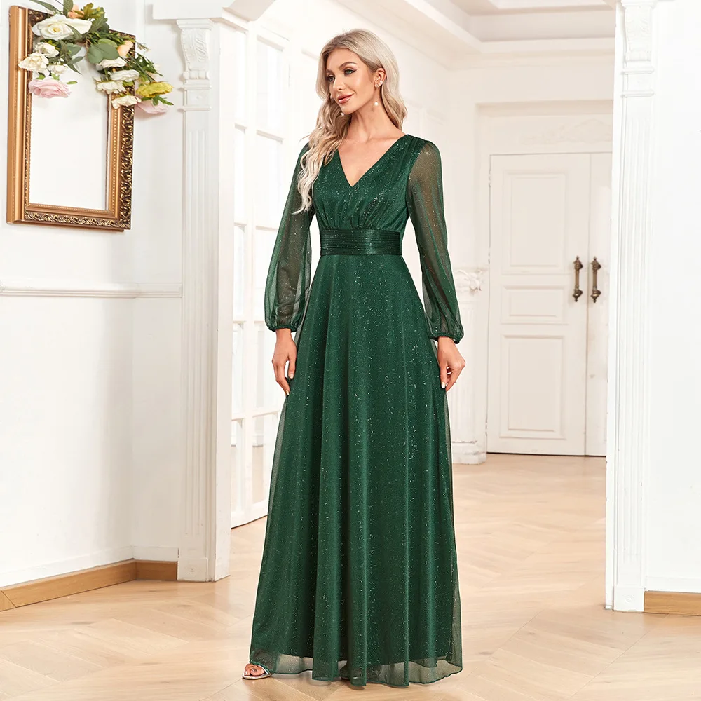 Elegant V-neck Chiffon Long-sleeved Wedding Party Formal Dress Green Elegant V-neck Chiffon Long-sleeved Wedding Party Formal Dress Green